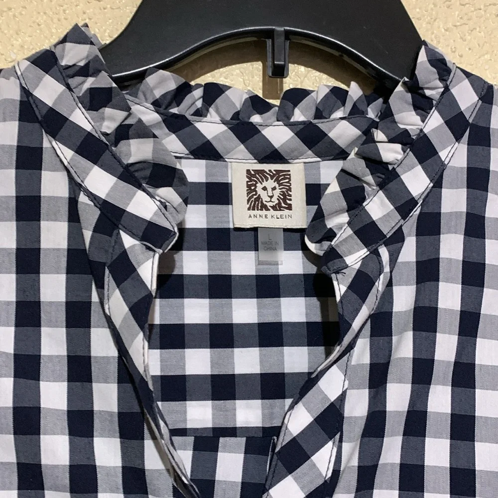 Anne Klein Navy and White Top Gingham Plaid Front Buttons 3/4 Sleeve Cotton - Picture 8 of 16